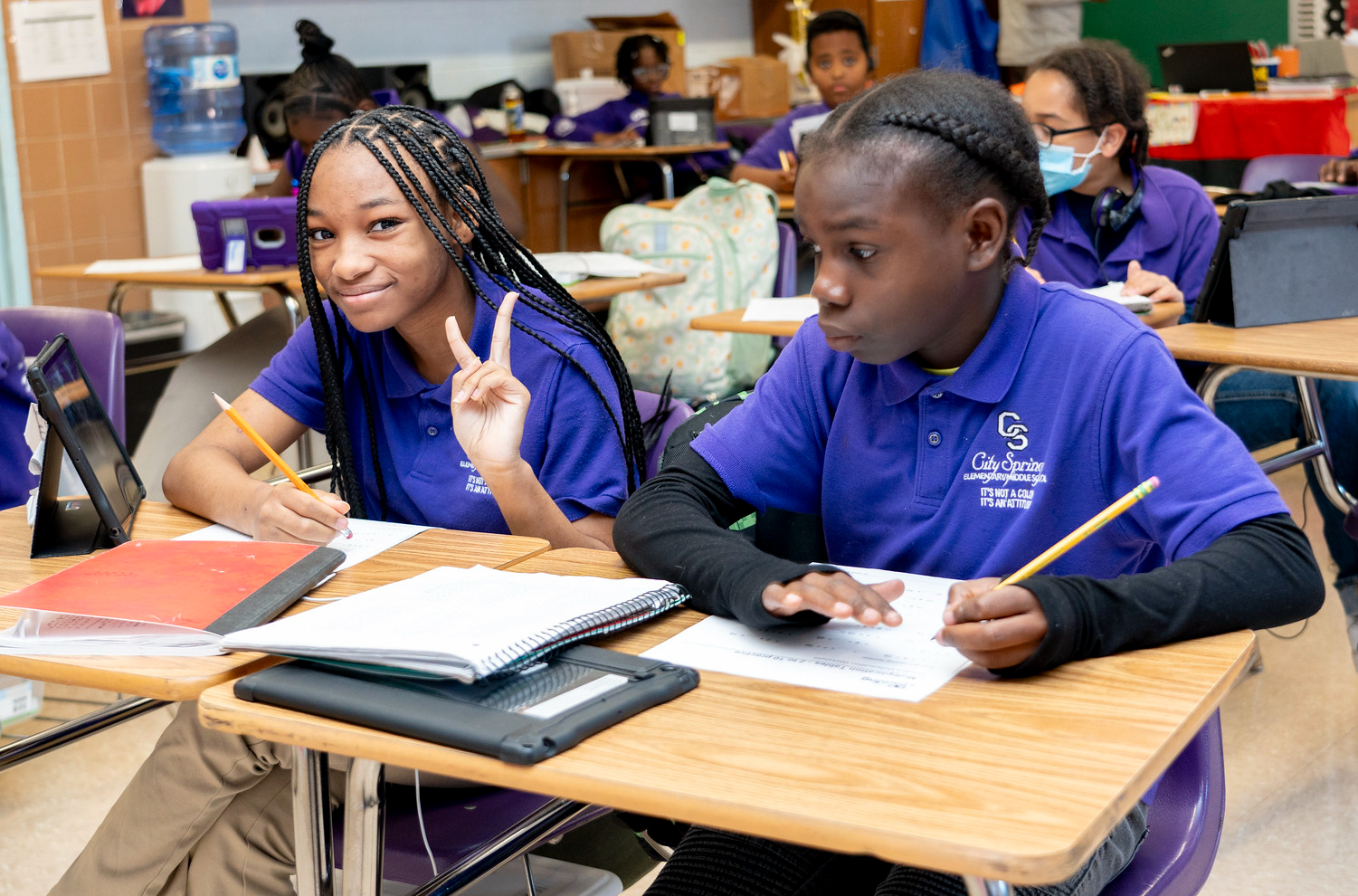 City Springs students complete class work at a desk.