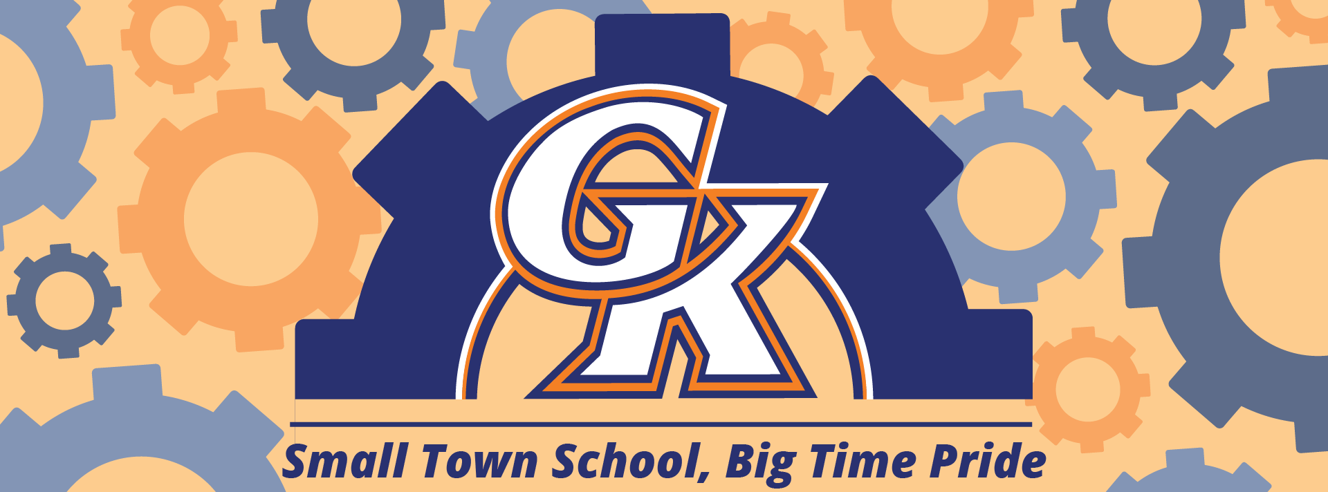 image of cogs with text, "small town school big time pride"
