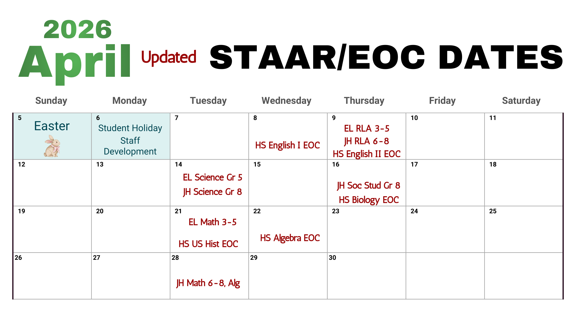 April STAAR EOC Dates