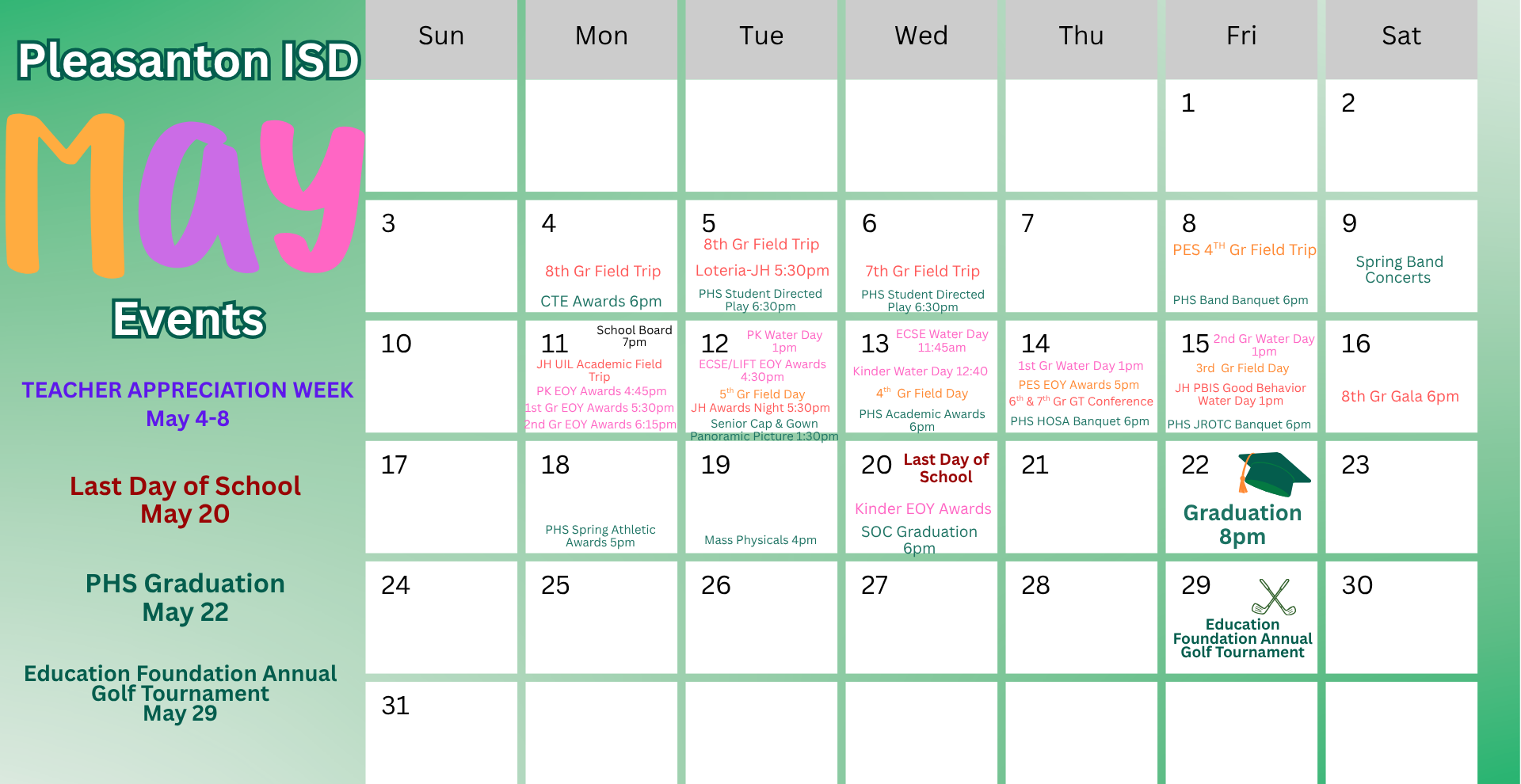 PISD May Calendar of Events, see News section for details.