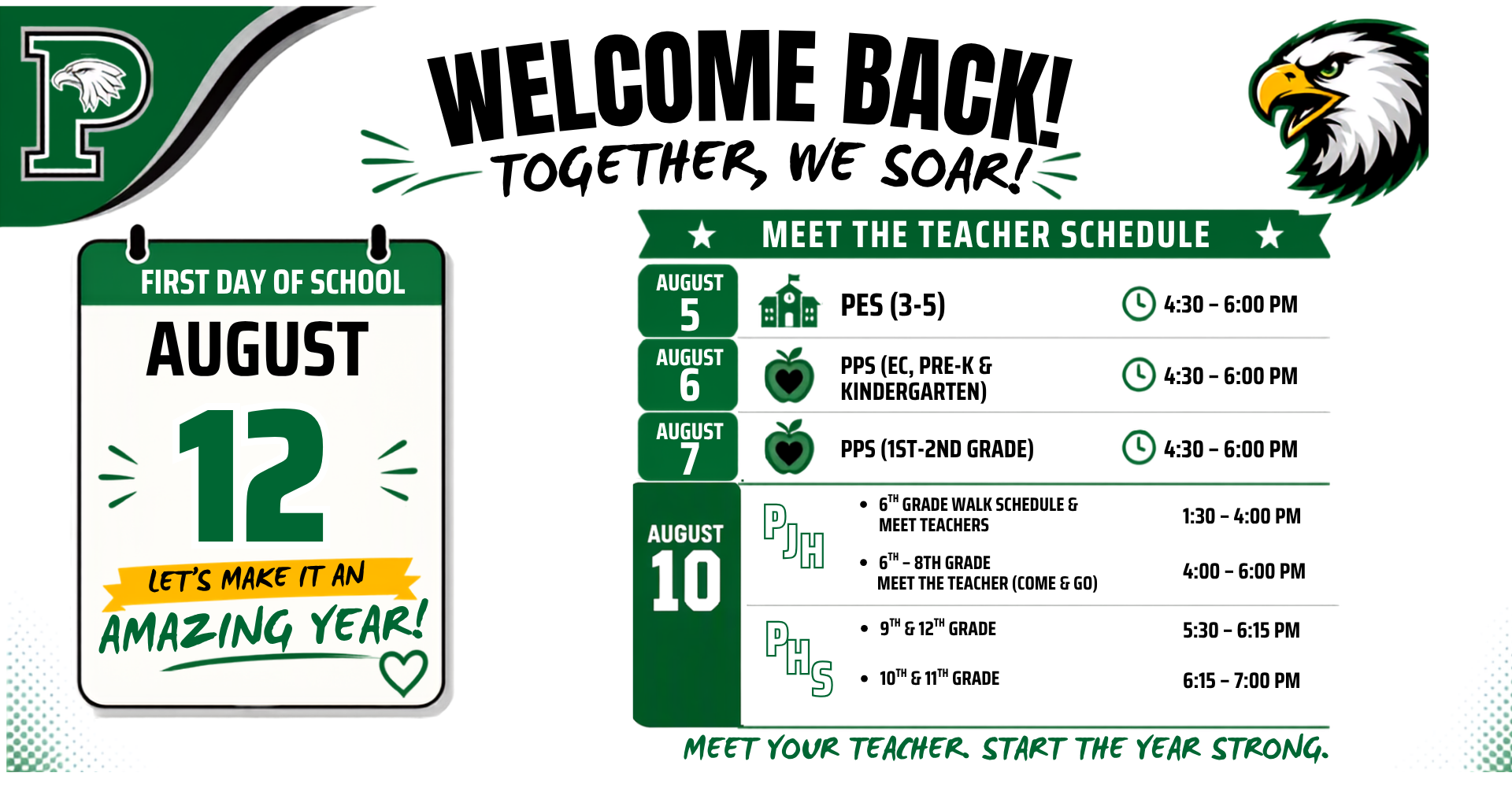 Welcome Back, First Day of School: Aug 12 and Meet the Teacher dates