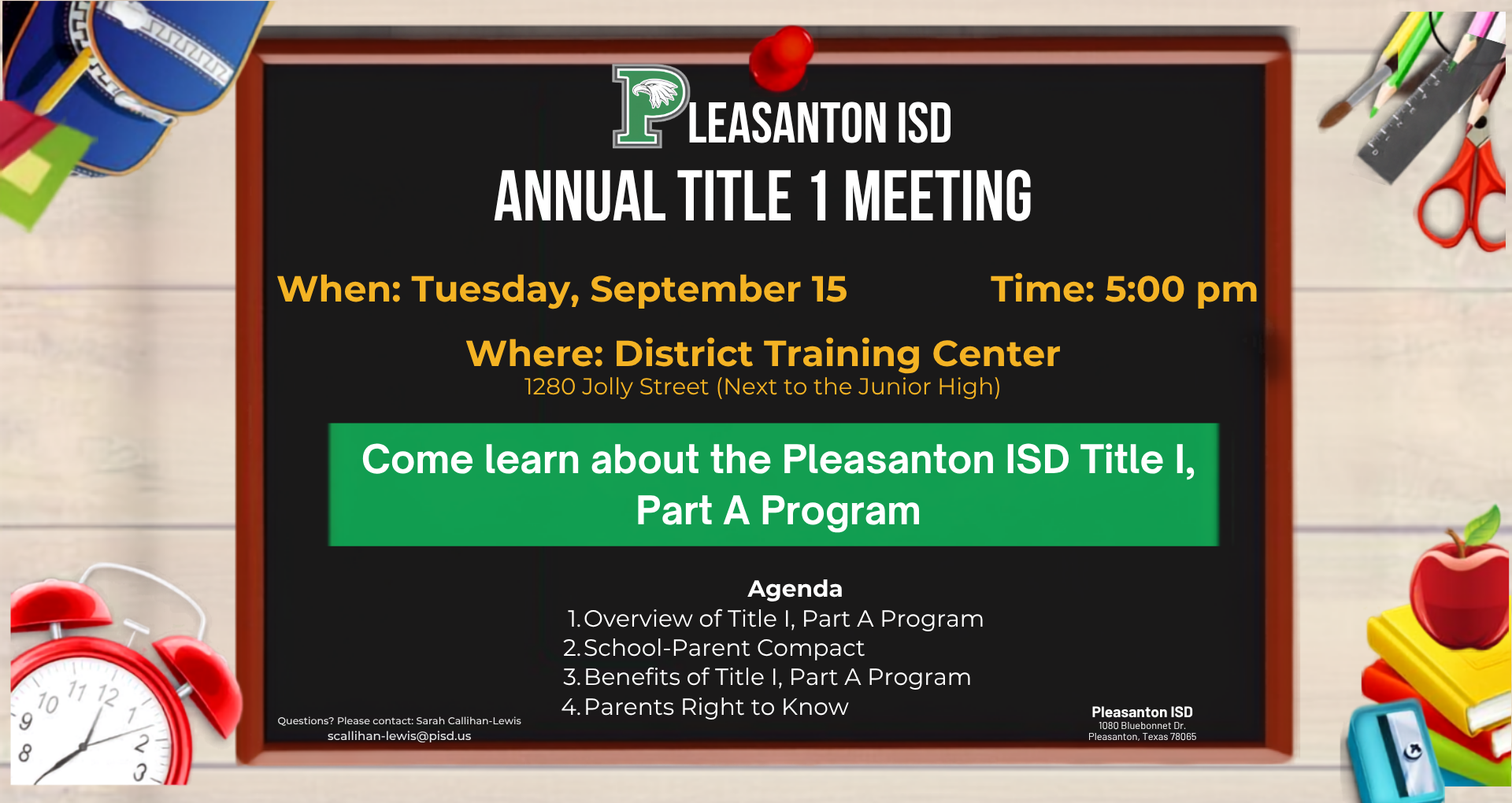 Title I Parent Meeting, Sept 15, 5:00 pm District Training Center