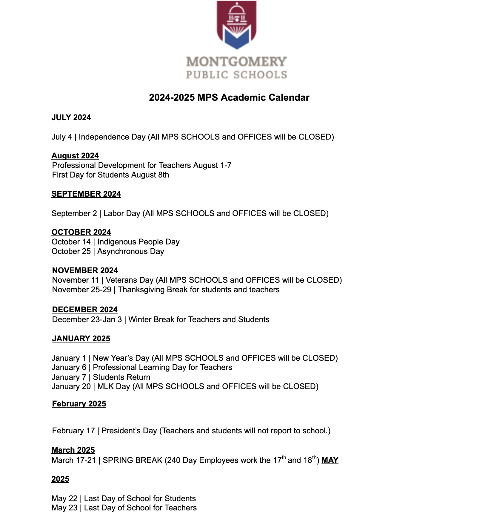 2024 - 2025 Academic Calendar 