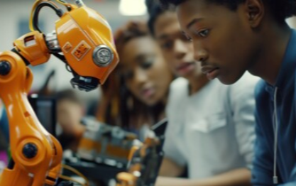 CTE students working on a robot