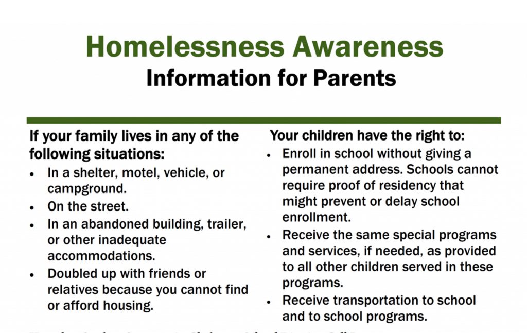 homelessness awareness information for parents. if you family lives in any of the following situations: in a shelter, motel, vehicle, or campground