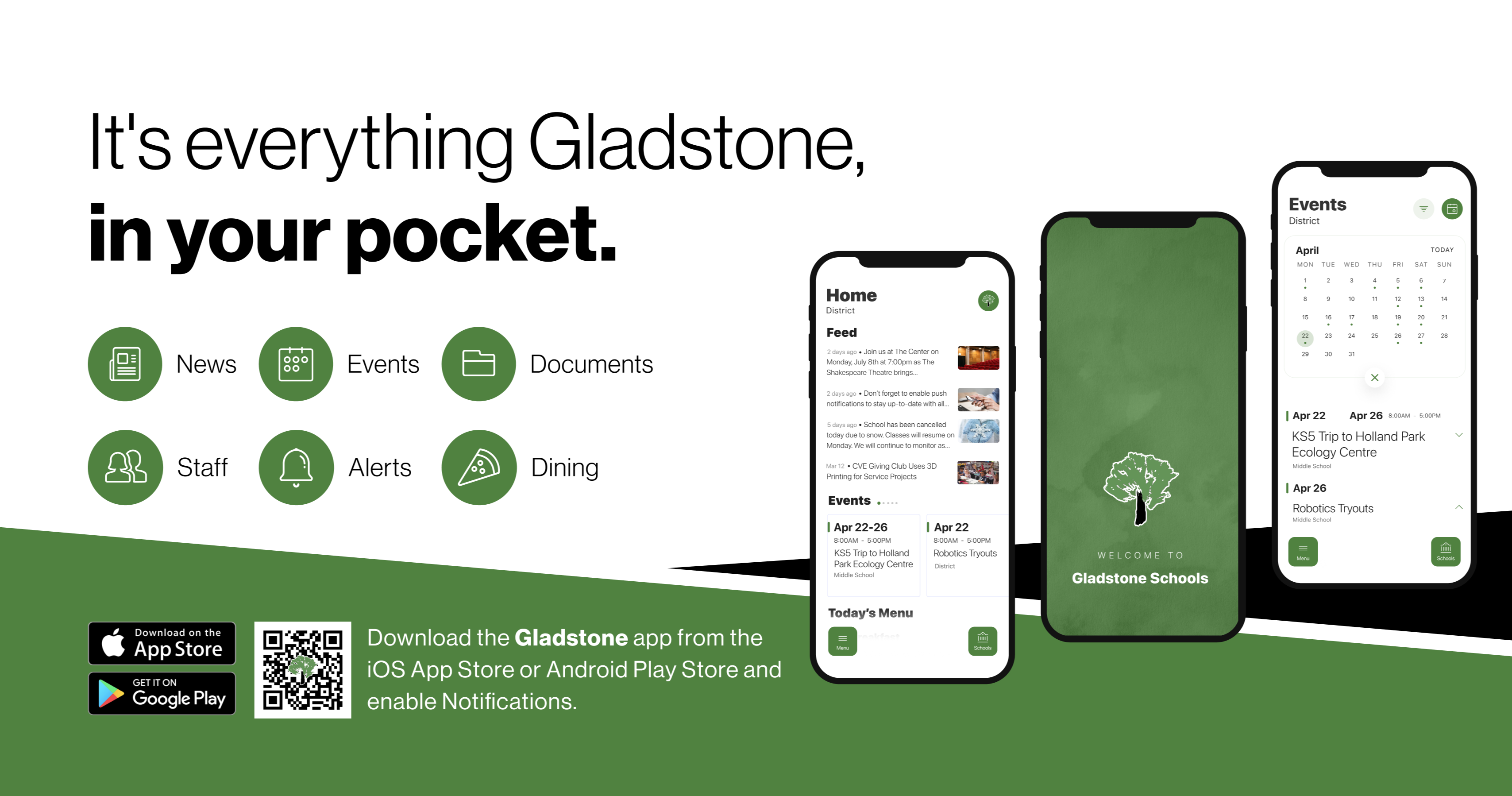 gladstone app flyer with two phones and qr code to download app on app store or google play
