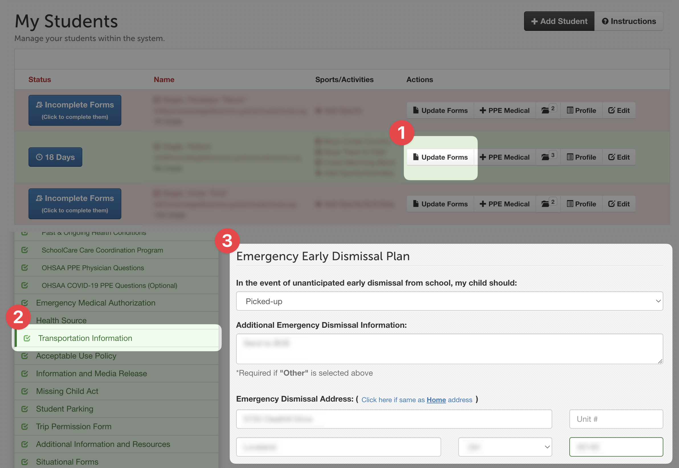 screenshot of early dismissal plan update screens