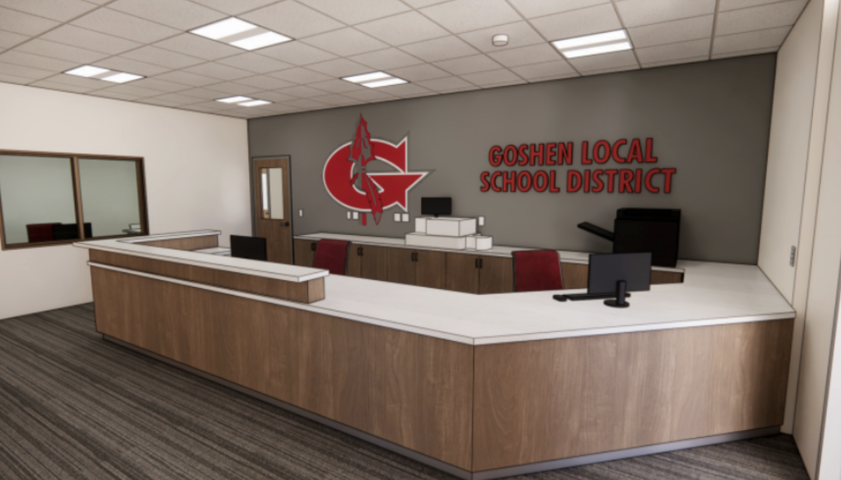 Rendering of new board office reception desk