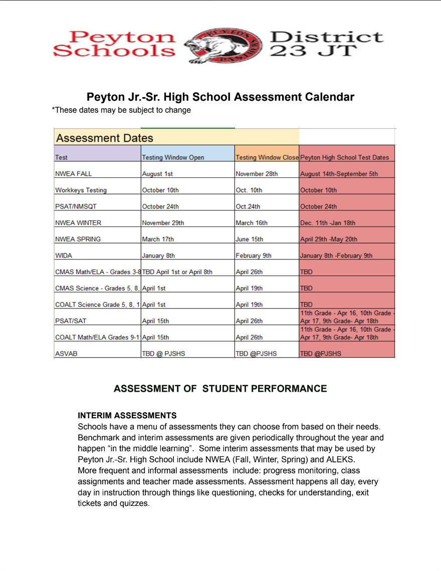 Peyton Jr.-Sr. High School Assessment Calendar