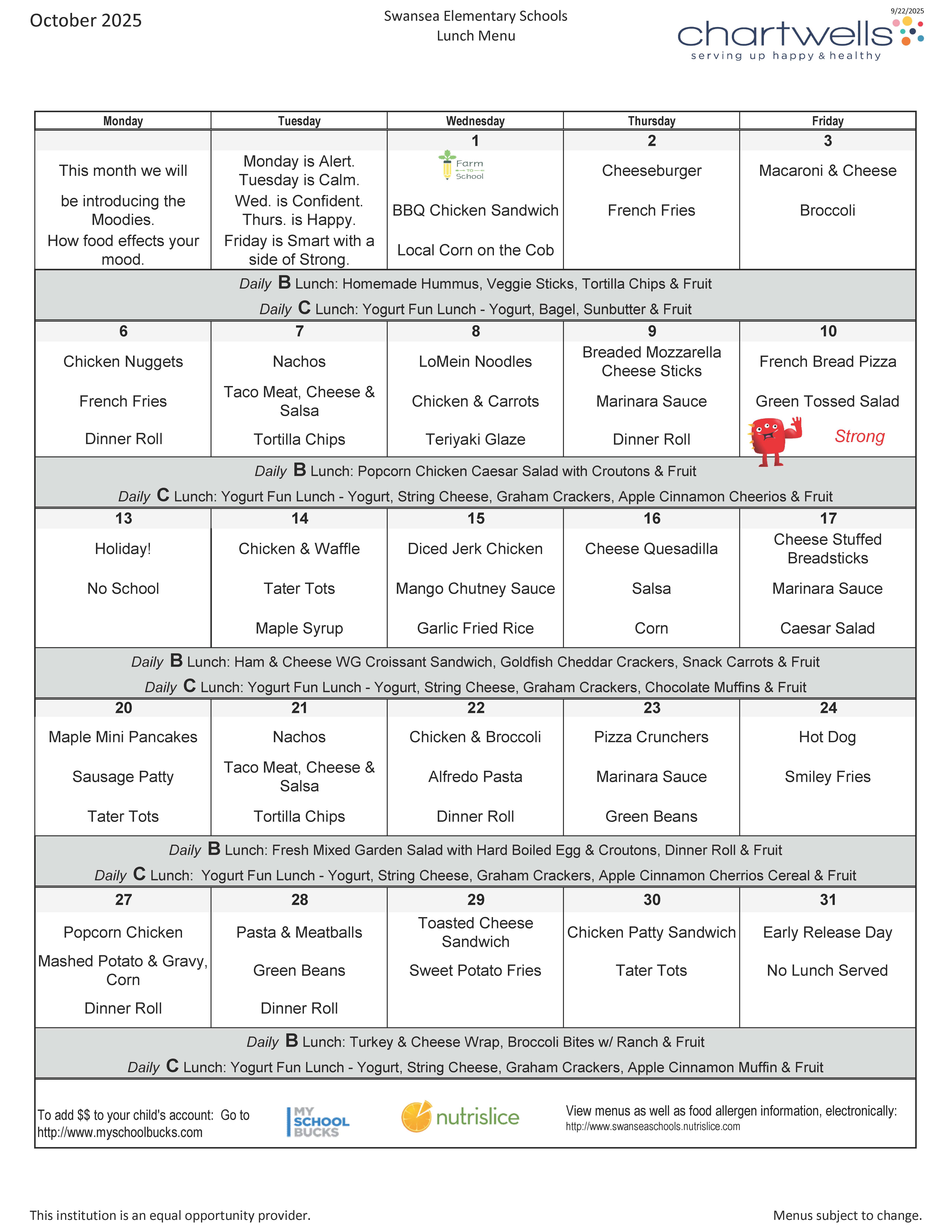 Elementary Lunch Menu October 2025