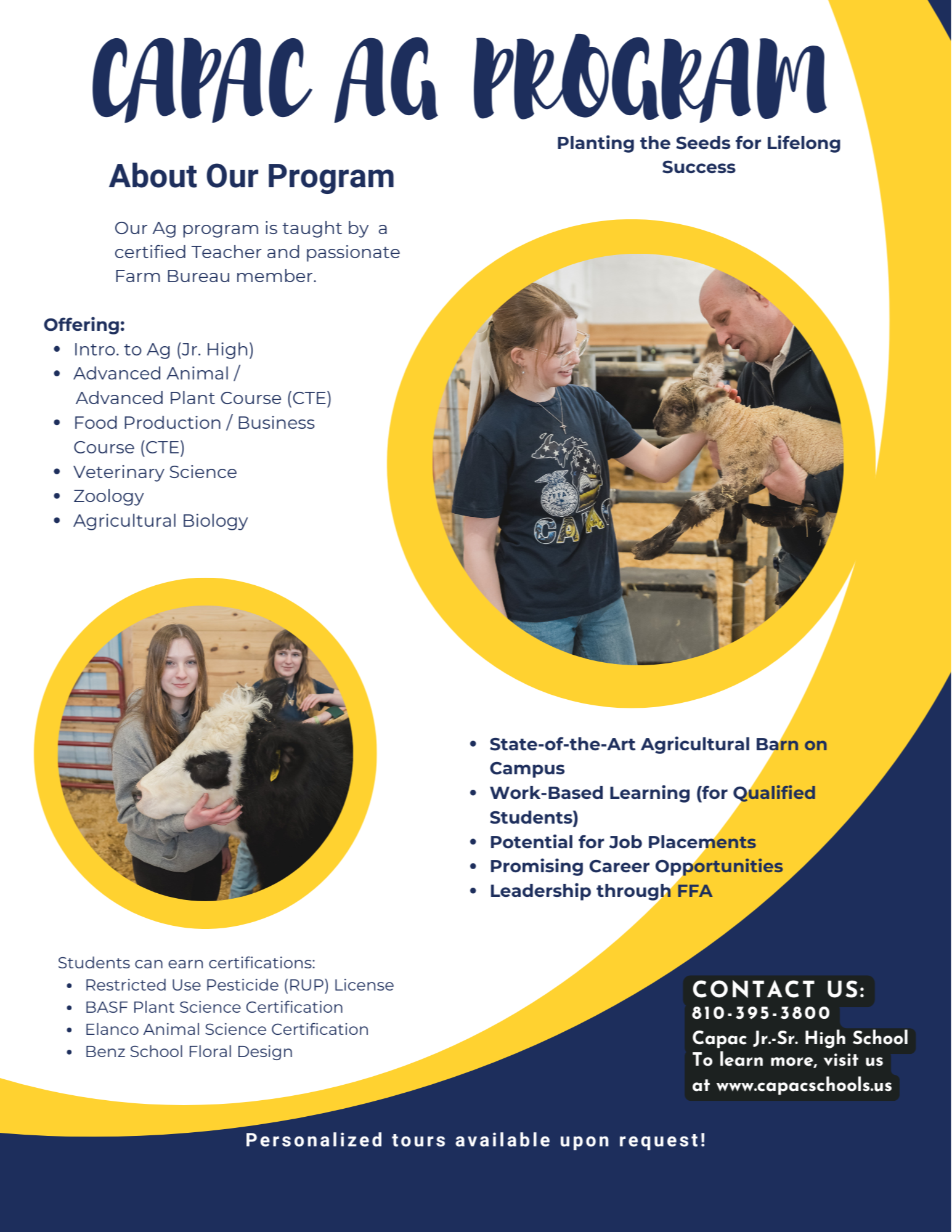 Capac Ag Program Flyer, states course offerings and highlights of the program. Exact wording is below on the page