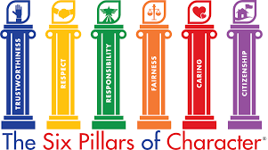 The six pillars of success are shown in a column image. They are from left to right: trustworthiness, respect, responsibility, fairness, caring and citizenship.