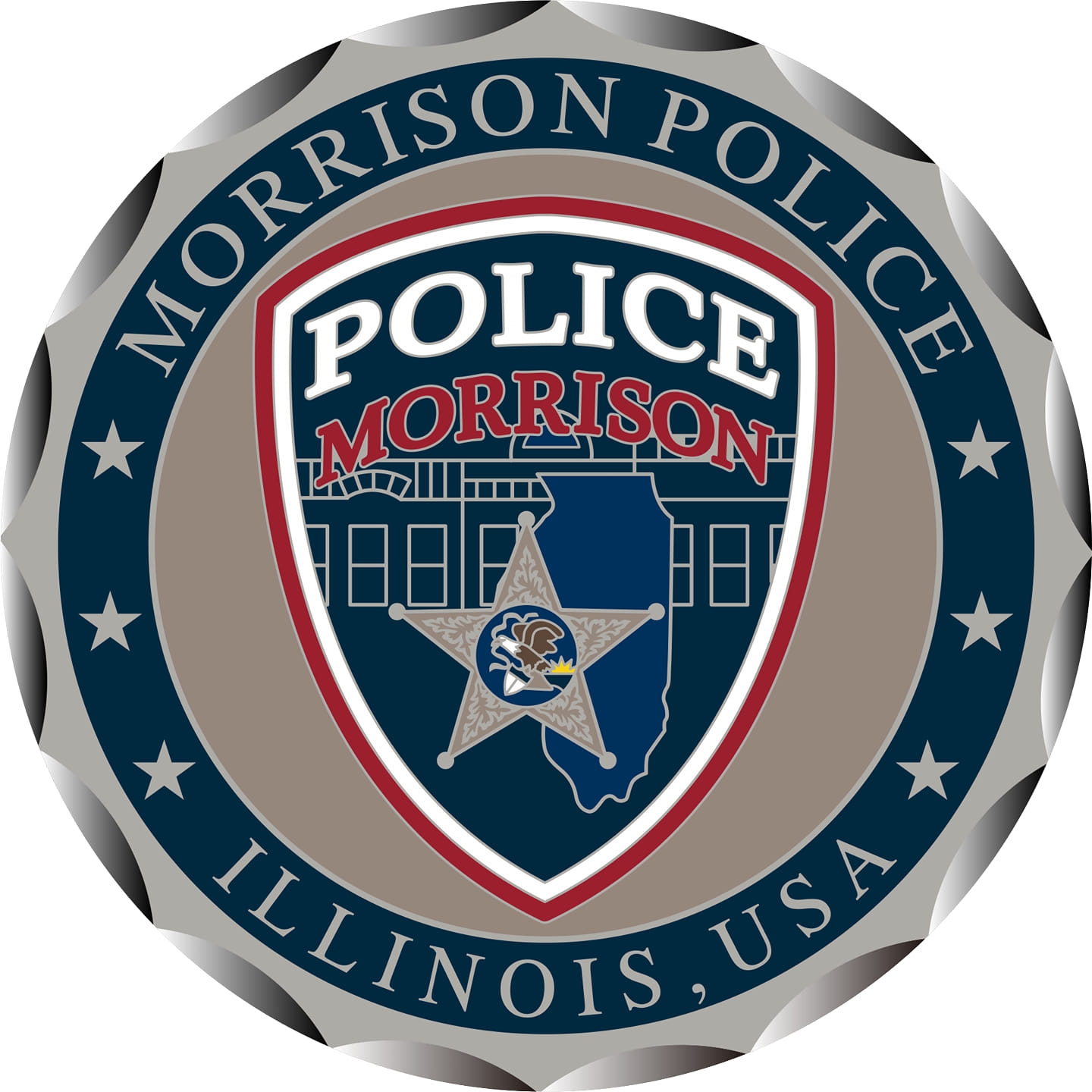 Gray and blue badge that says Police Morrison Illinois, USA