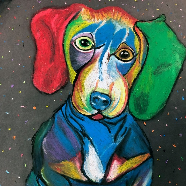 painting of a weenie dog that is multi colored