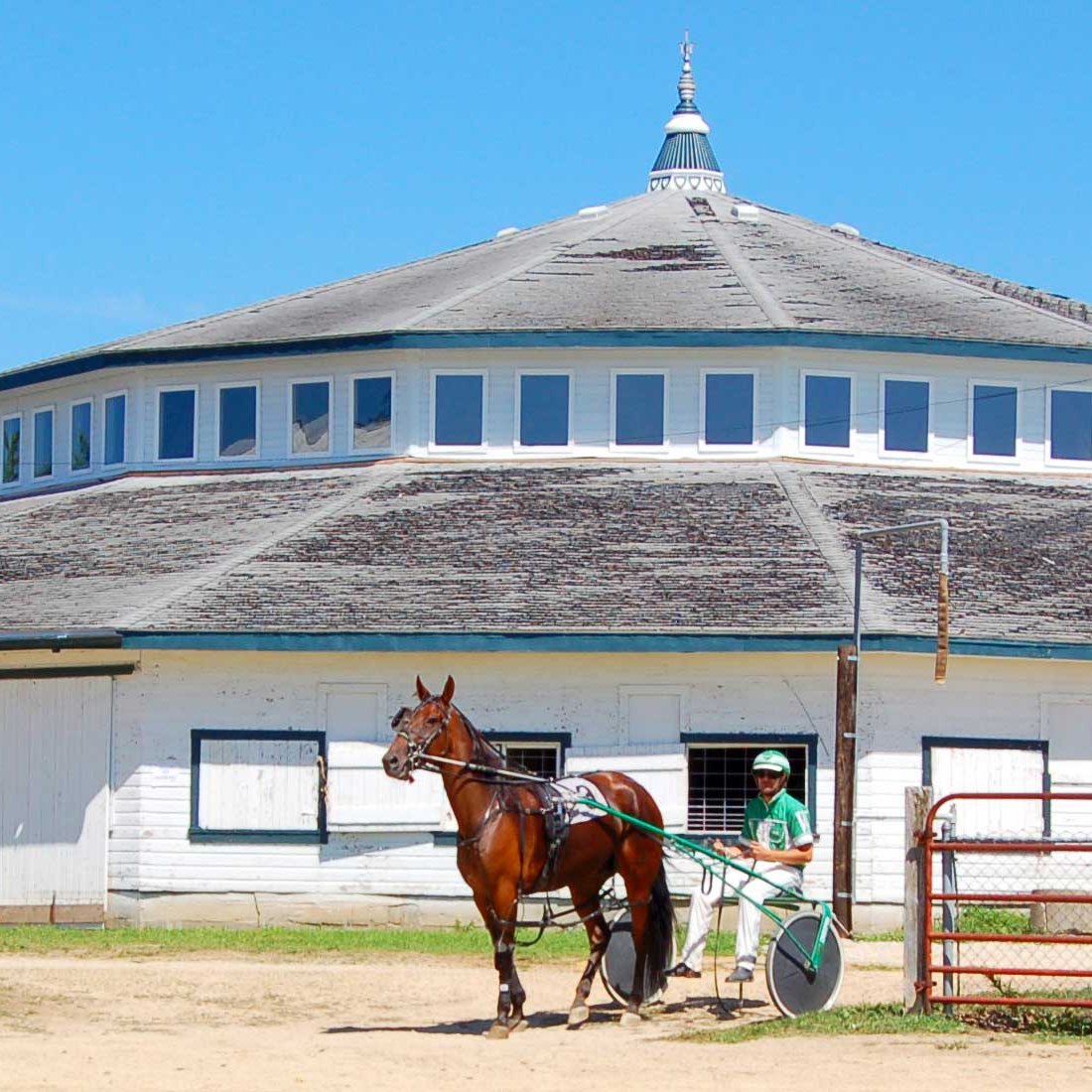 a horse and carriage stand in front of a white round building