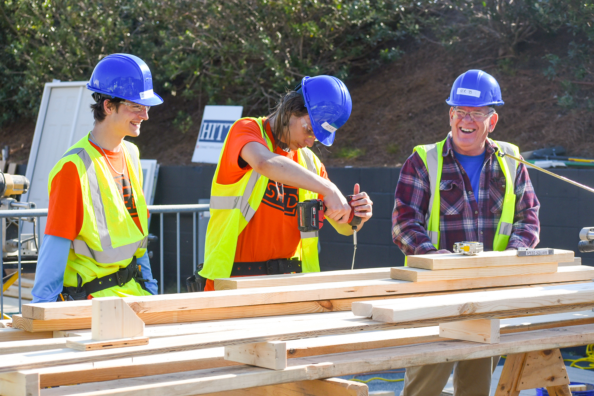 students building shed