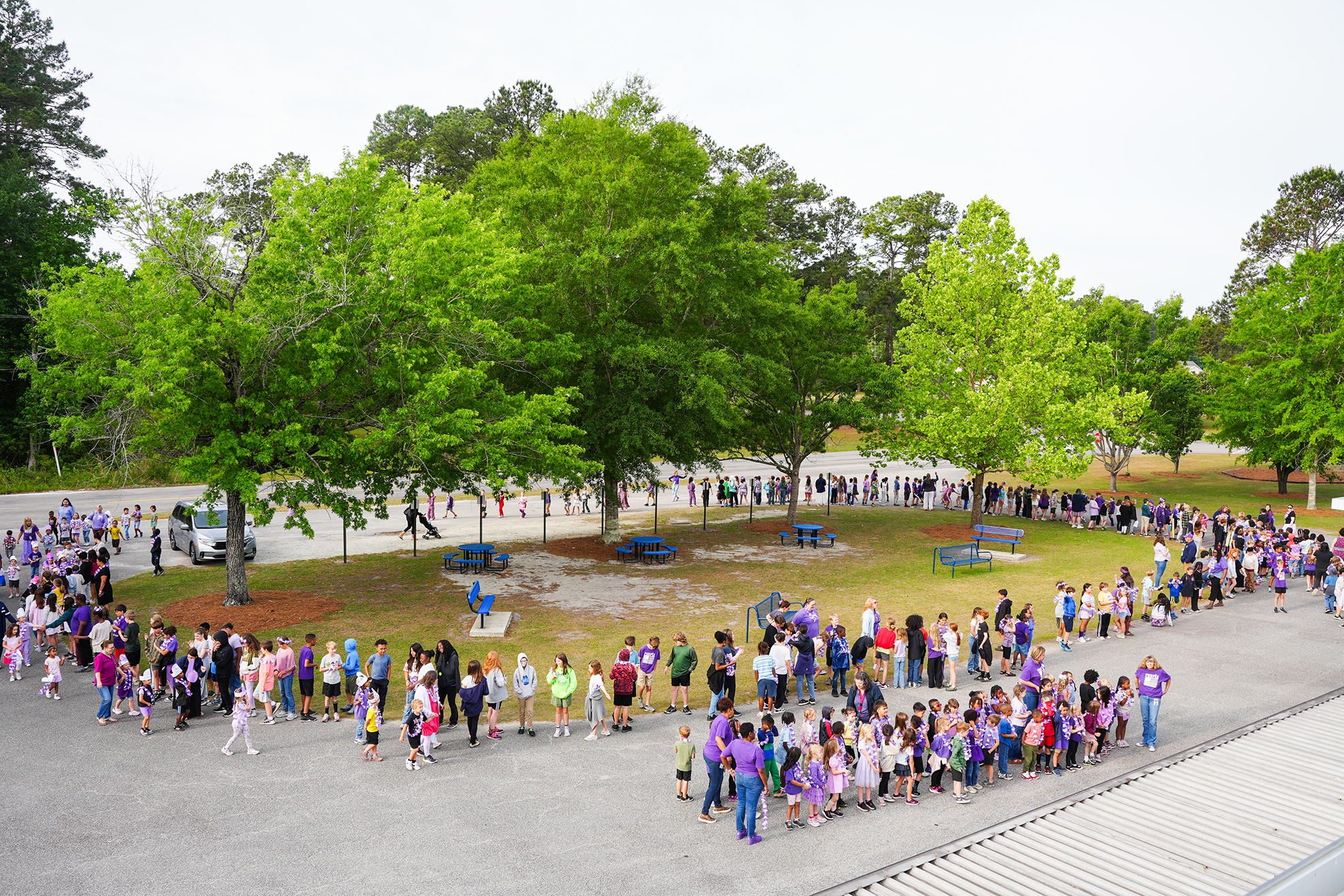 A large group of people, possibly at an outdoor event, stand in a circle around a grassy area with trees.