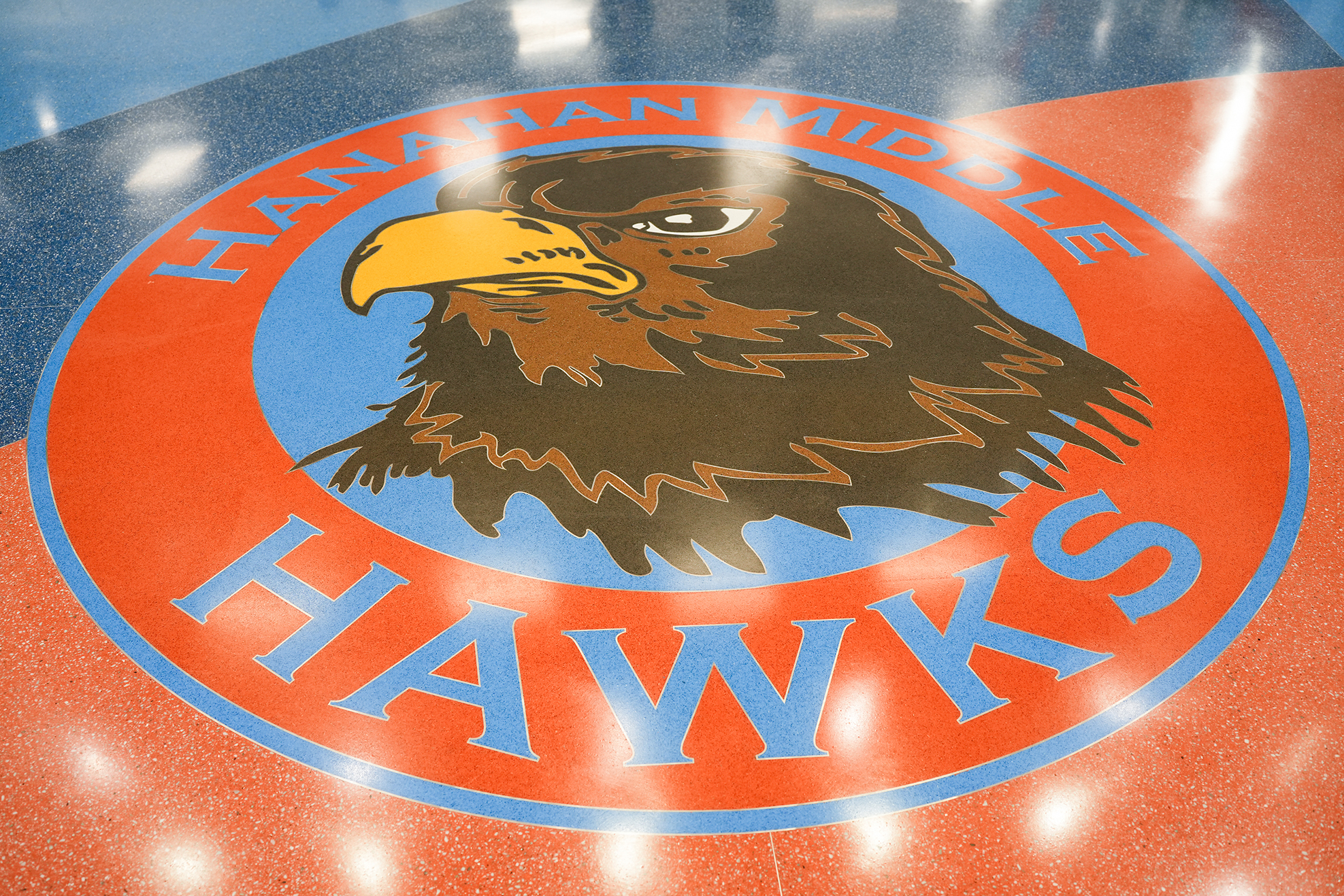 Red floor with white lights, featuring a circular emblem. Emblem has an eagle in the center with text "HAWKINS MIDDLE" around it.