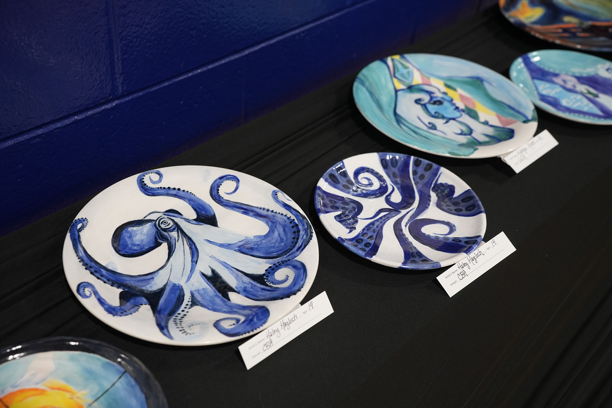 Display of plates with blue octopus and swirl designs on a black surface. Background is blue.