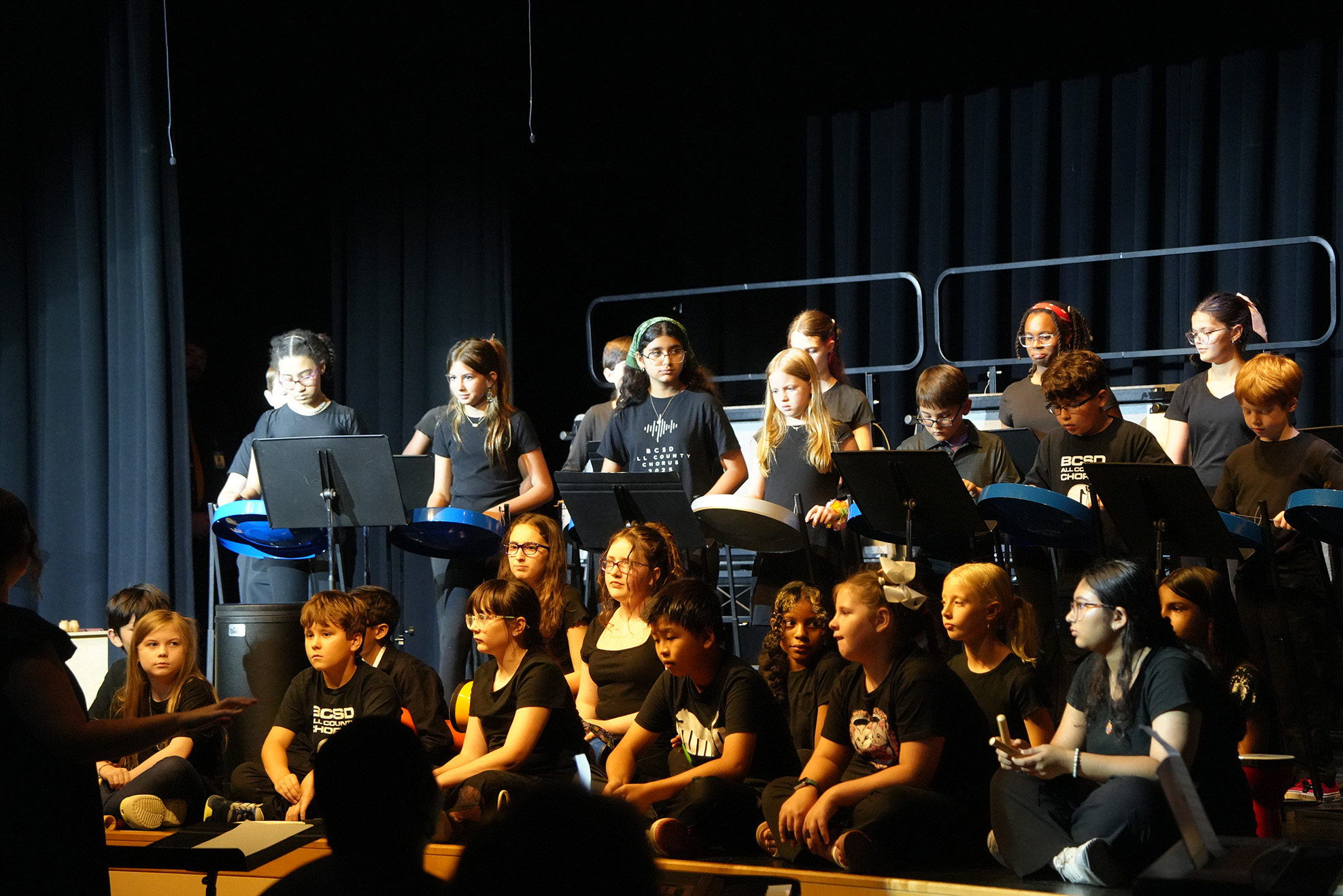 A choir of students sits and stands on a stage, playing instruments and looking toward the front.