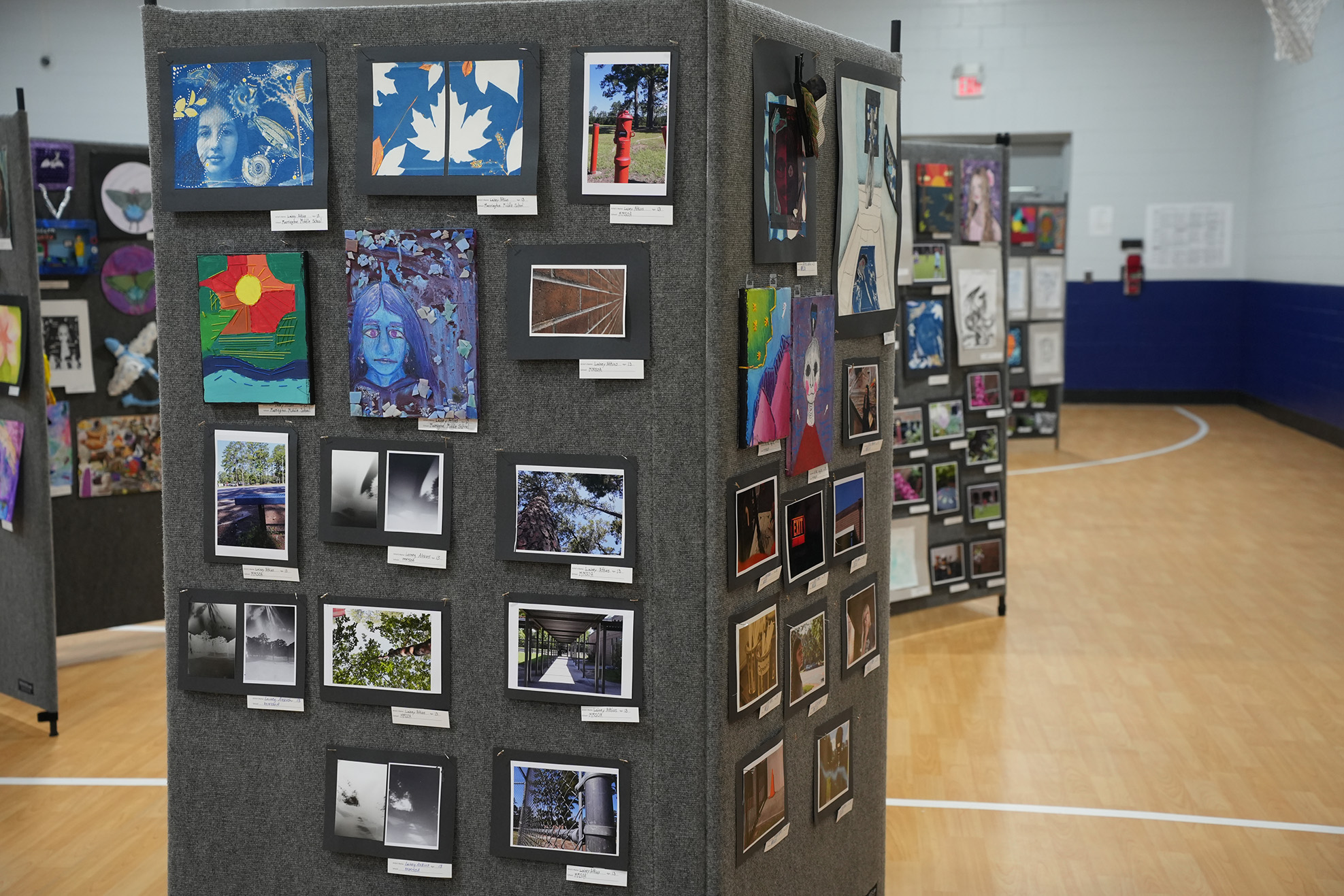 Artwork displayed on gray panels in a gymnasium. Panels contain various paintings and photographs.