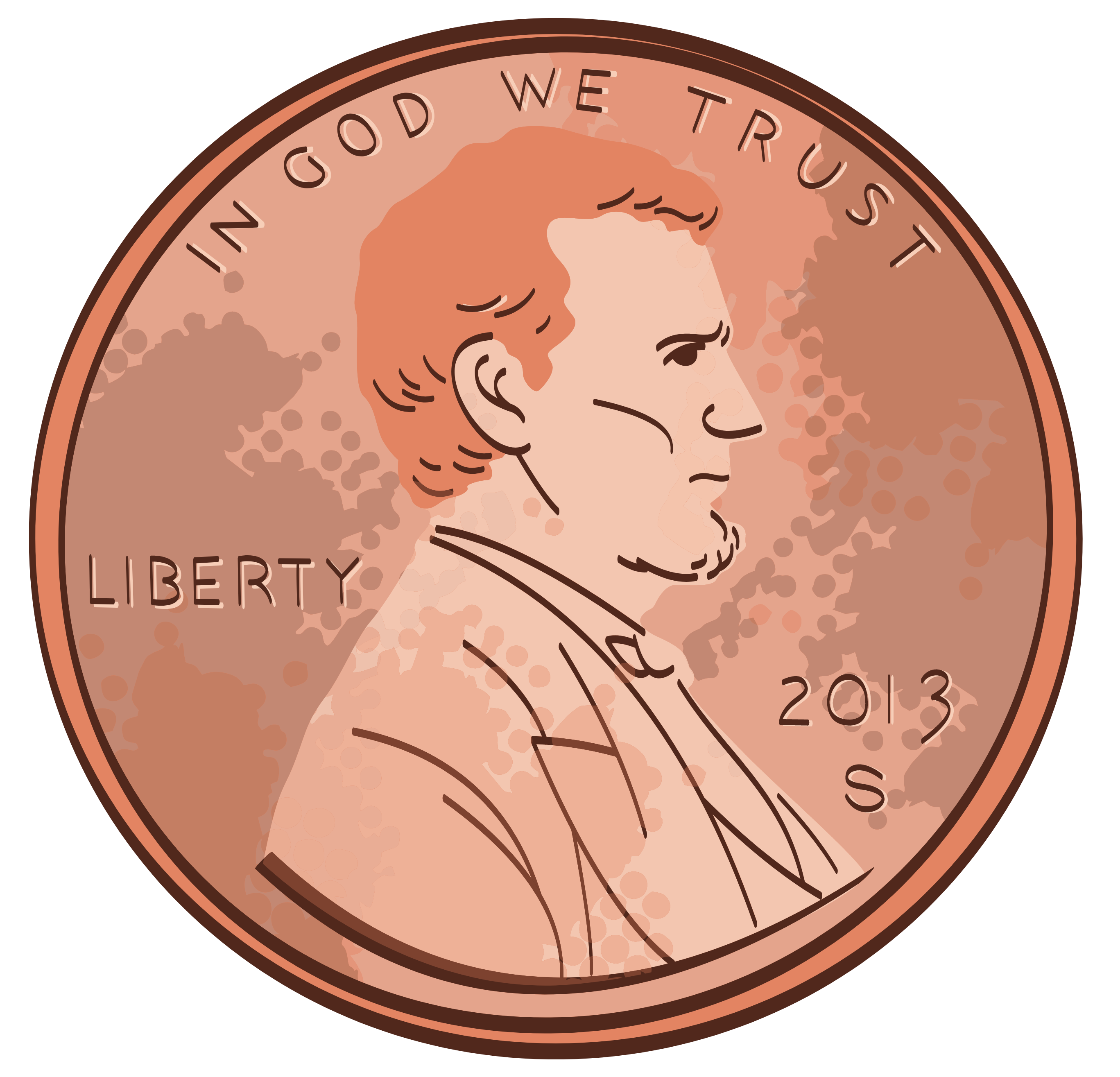 Drawing of a penny showing the profile of Abraham Lincoln. The text reads "In God We Trust" and "Liberty" and the year 2013.