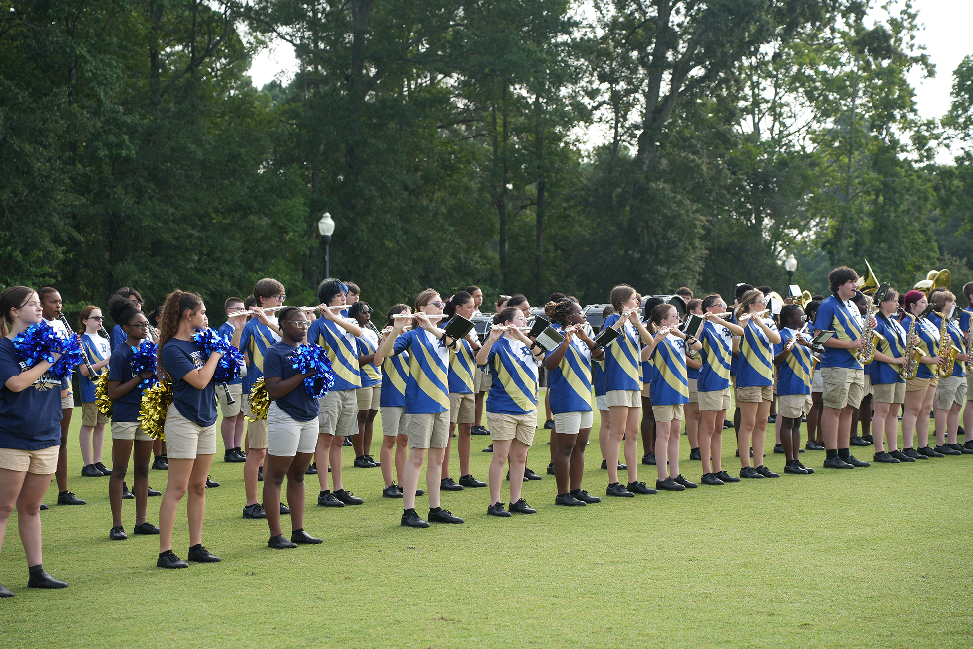 A marching band in blue and yellow uniforms stands in a row on a grassy field, trees in the background.