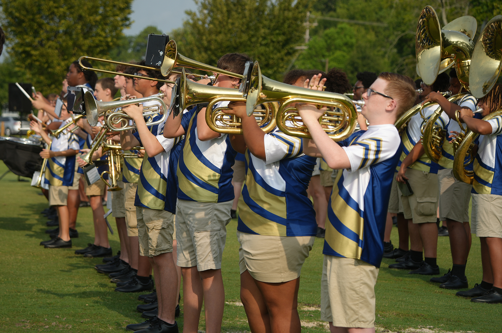 A marching band performs on a grassy field; members hold trumpets and trombones, some with music stands.