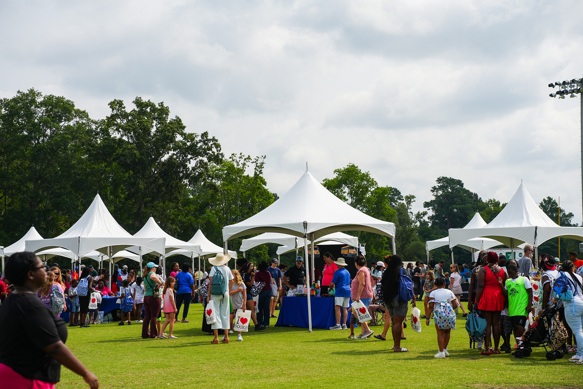 A grassy area with numerous tents. People mill about, some under tents. A streetlight is visible in the background.
