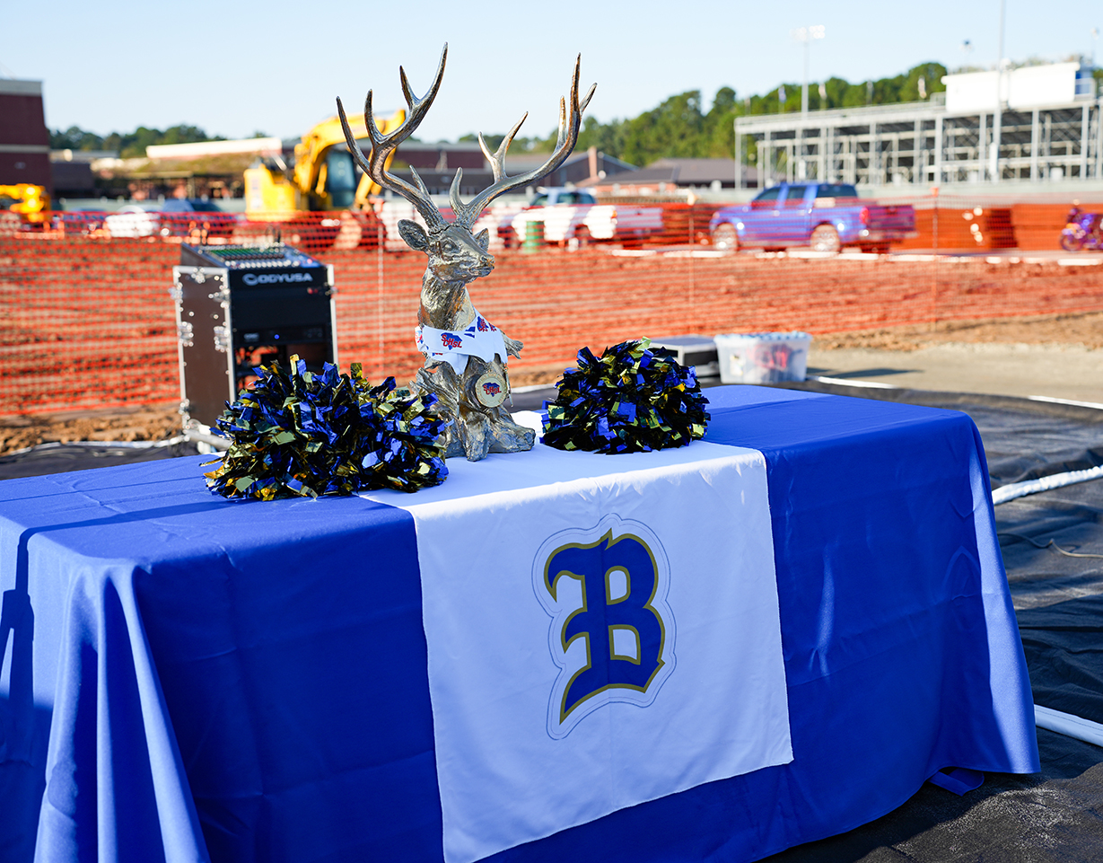 Table covered with blue cloth, adorned with a white cloth with blue 'B', and two blue flowers. A deer head stands on the table. Behind the table, a construction site is visible.