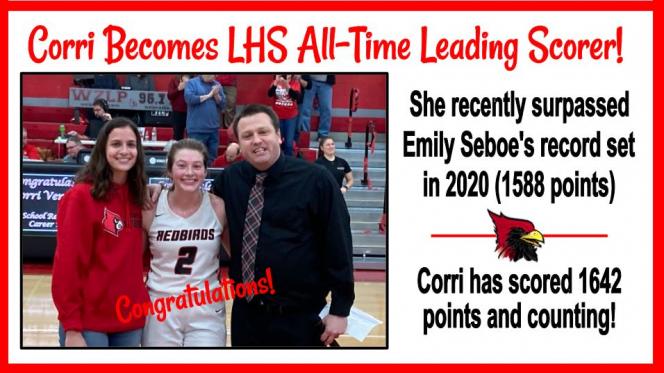 Corri Becomes LHIS All-Time Leading Scorer! P 96.1 She recently surpassed Emily Seboe's record set wit Ver in 2020 (1588 points) HEDBIRDS Congratulations! Corri has scored 1642 points and counting!