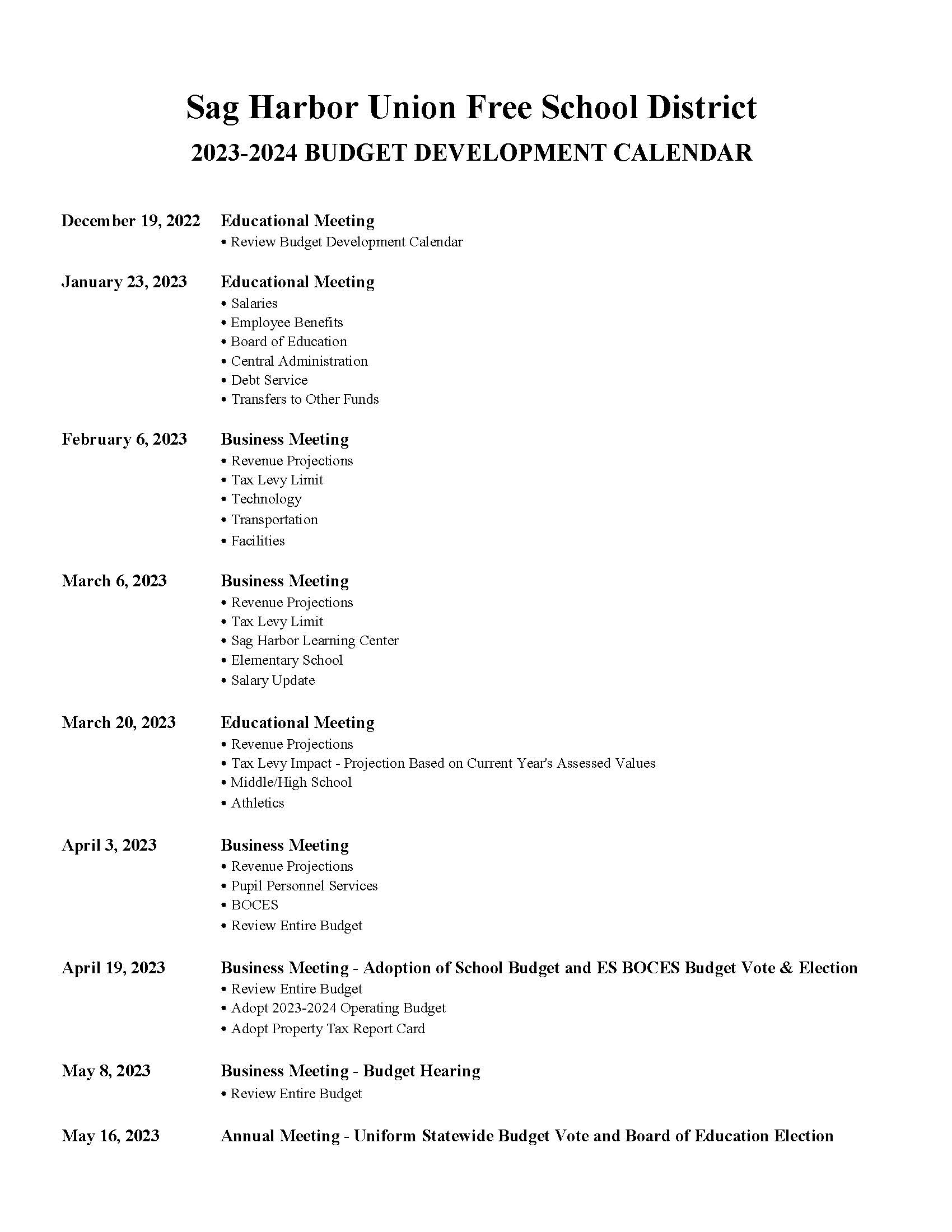 2022-2023 Budget Planning Calendar