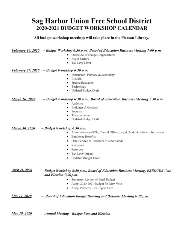 2020-2021 Budget Workshop Calendar