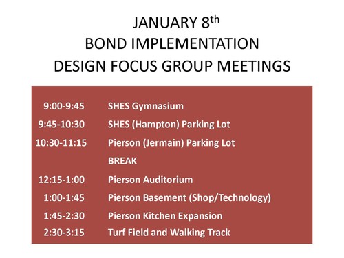 January 8th Bond Implementation Design Focus Group Meetings.