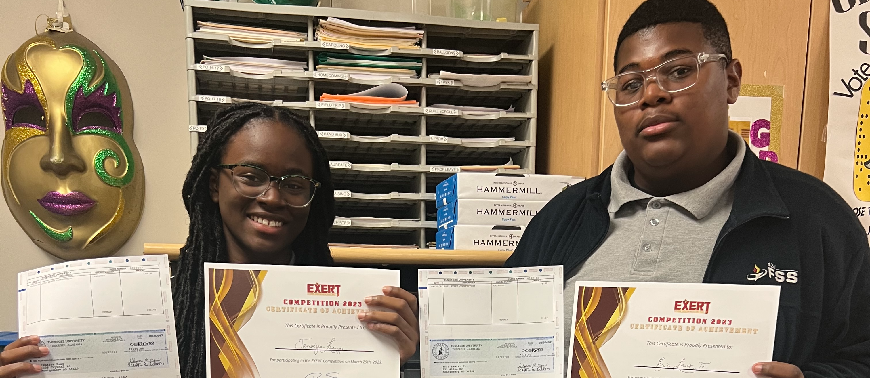 Career Tech students participated in Tuskegee University's 2023, 131 Farmer's Conference. These students are winners in the 6th Annual EXERT Competition component in the areas of Family and Consumer Science and Entrepreneurship.       Seen here, these Career Tech students are holding their $100 check and winning certificates!     Career Tech student Eric Lewis (FBLA) was a winner in the Entrepreneurship component. He pitched a business plan.      Career Tech student Janaiya Kemp (FCCLA) was a winner in the Family and Consumer Science component. She pitched her innovative technology device that can be used to modernize agriculture. 
