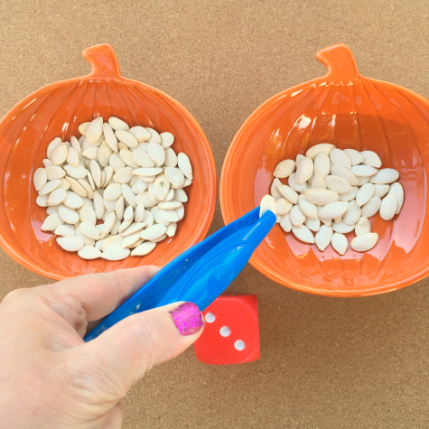 A photo of two pumpkin bowls with pumpkin seeds inside.