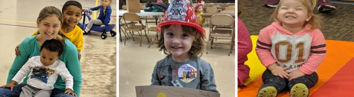 3 pictures: one student sits in the teachers lap while another looks over her shoulder; a student wears a firefighter hat; a student in a pink shirt smiles at the camera