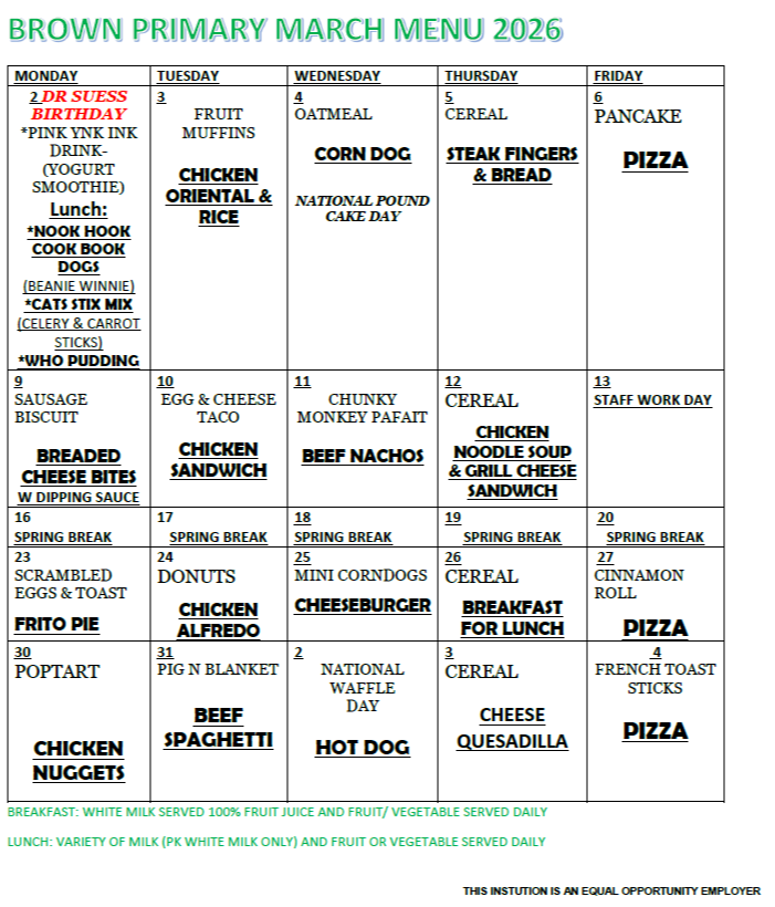Menu board for Brown Primary School. Columns for Monday through Friday. Items listed include chicken, pizza, hot dogs, tacos, and more.