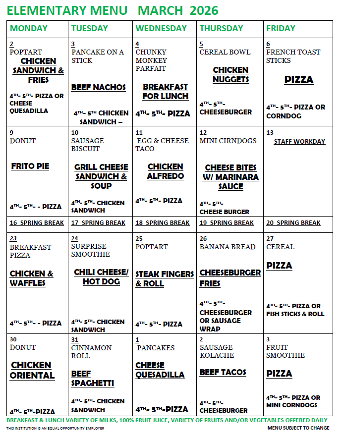 Grid showing menu options for elementary students for March 2026. Each day lists breakfast and lunch options.