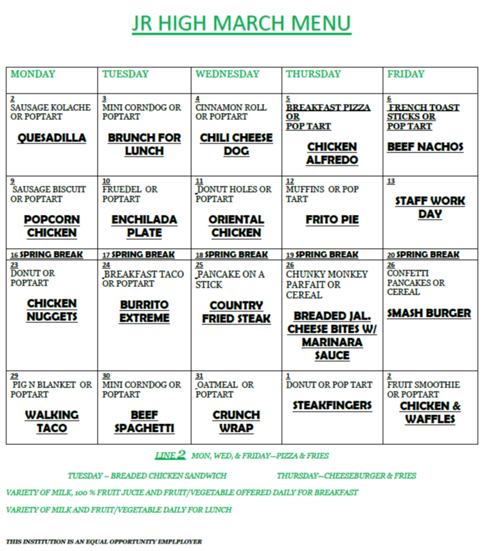 A weekly menu for JR High, showing daily options for breakfast, lunch, and dinner. Days include Monday, Tuesday, etc.