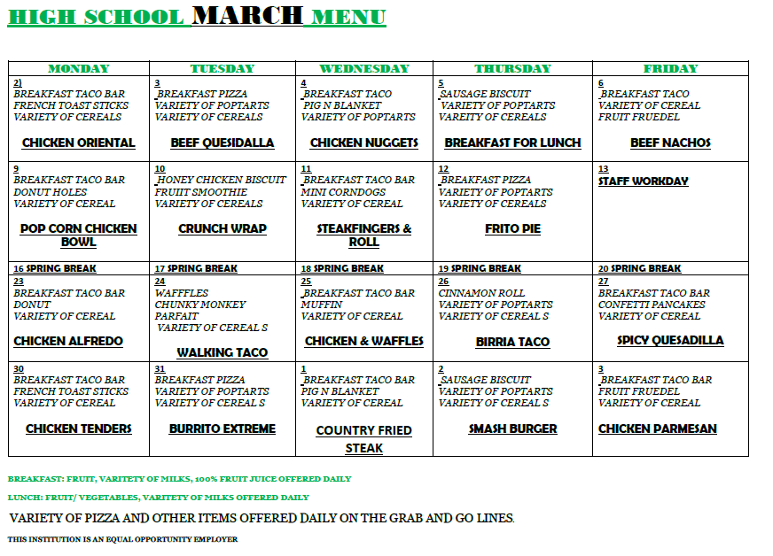 A menu grid displays breakfast and lunch options for five days. Each day has specific meal names and ingredients.