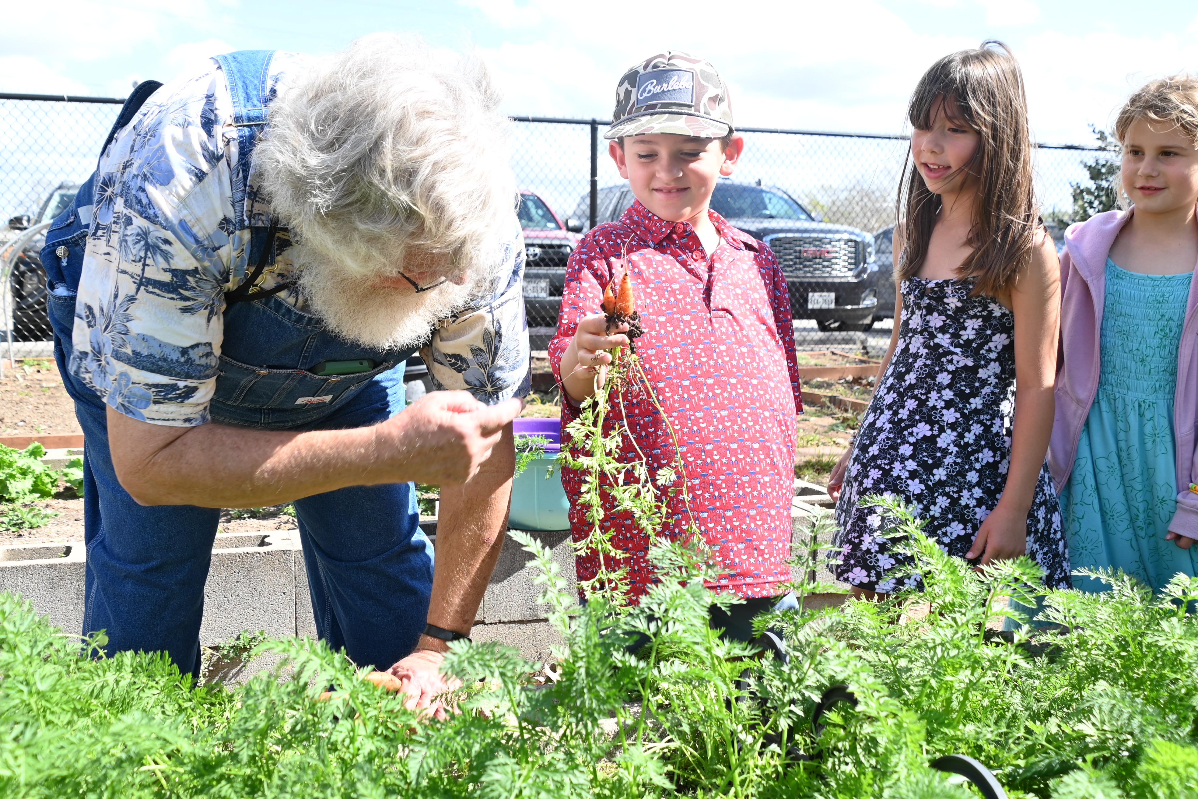 An older man with white hair examines plants with three children, two girls and one boy, in a garden.