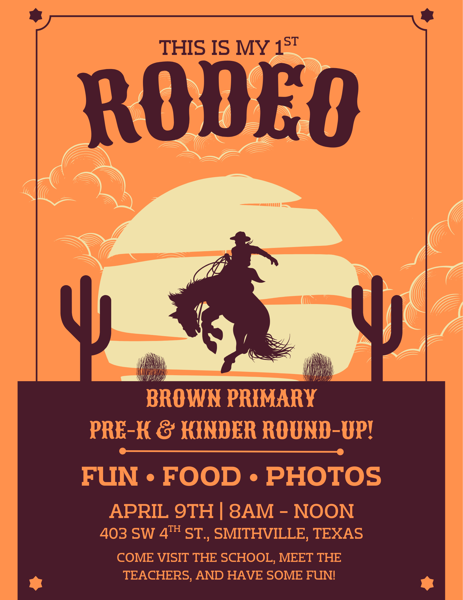 Poster for the rodeo with a cowboy riding a horse. Sunset and cacti in the background.