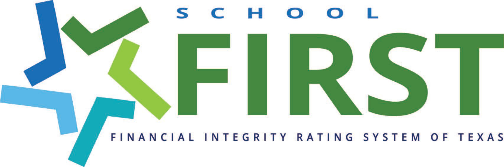 Logo for the "School First" Financial Integrity Rating System of Texas, featuring a star with green, blue, and teal checks.