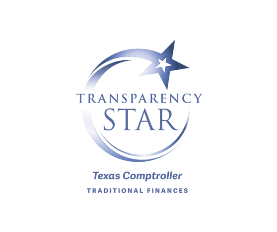 Logo displays a star inside a blue circle with text reading "TRANSPARENCY STAR" and "Texas Comptroller" with "TRADITIONAL FINANCES" below.