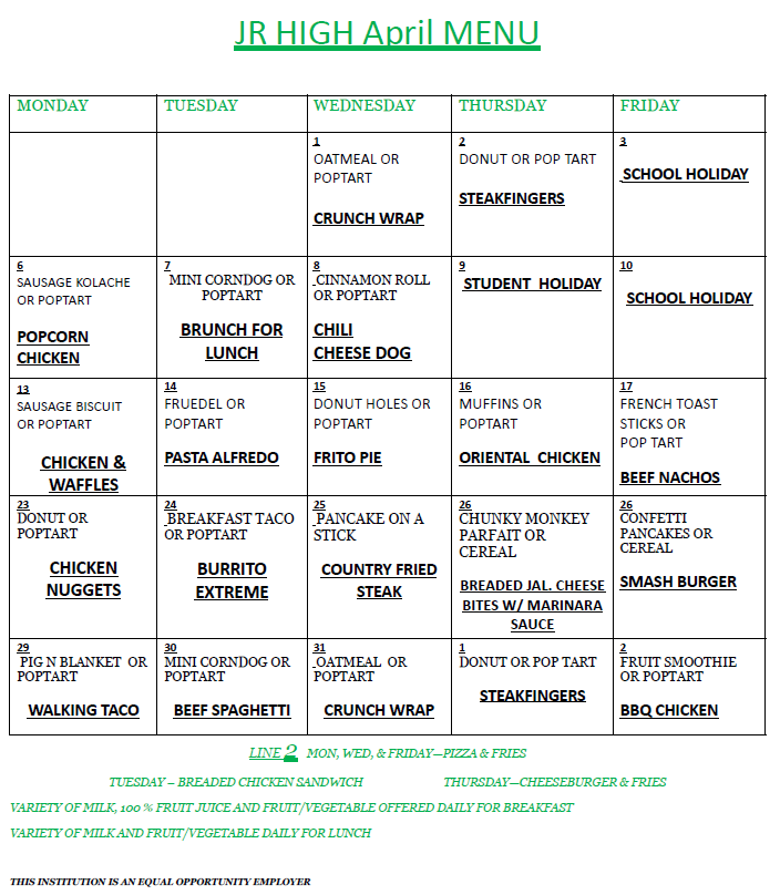 A menu from a high school with a weekly schedule of meals for each day, including breakfast, lunch, and dinner options.