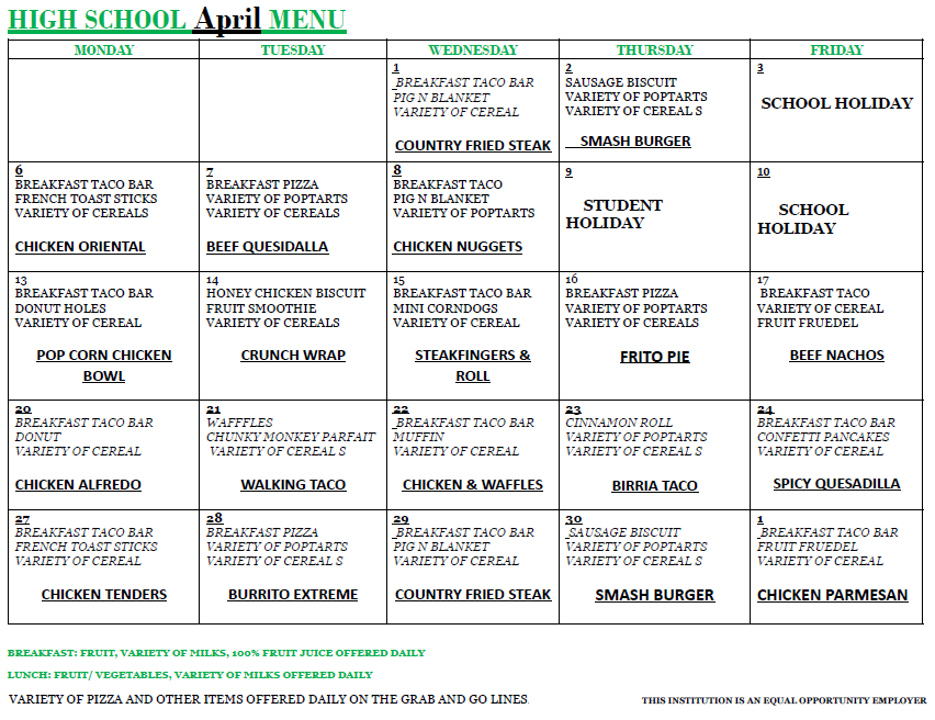 A table with a menu for the week. Each day has breakfast, lunch, and dinner options.