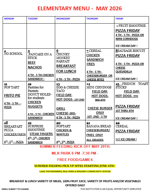 A menu table for May 2026 shows breakfast, lunch, and dinner options for each weekday. Items include pizza, chicken, cheese, and various other foods.