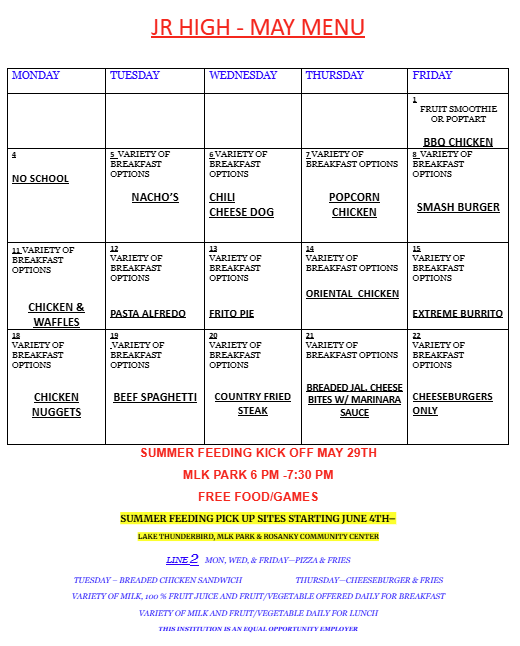 A menu from a junior high school with a weekly schedule of meals for each day, including breakfast, lunch, and dinner options.