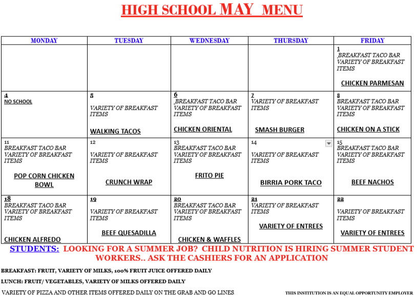 A menu for high school students with food options listed in red text for each day of the week.
